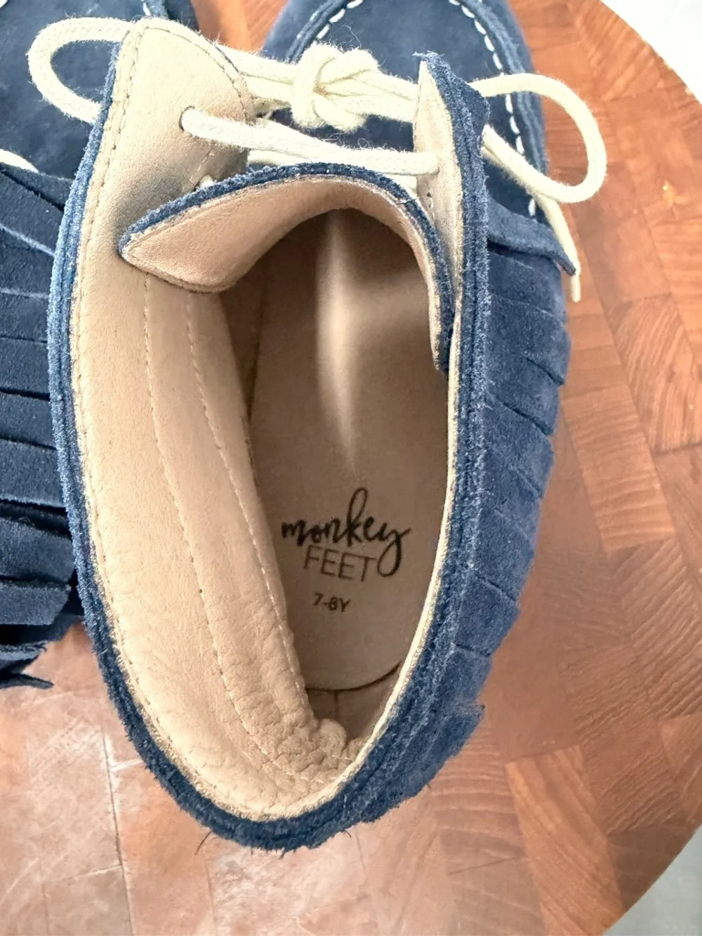 Monkey Feet Blue Fringe Moccasins Girl/Boy Size 7-8Y